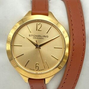 Stuhrling Women's Watch 38mm Gold Tone Brown Leather Wrap Swiss Mvmt New Battery